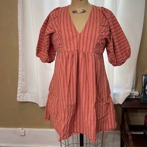A New Day orange/pink striped, v-neck, babydoll dress with very puffed sleeves
